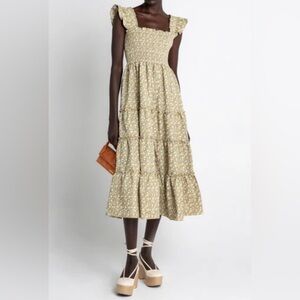 Smocked Floral Midi Dress in Olive Green